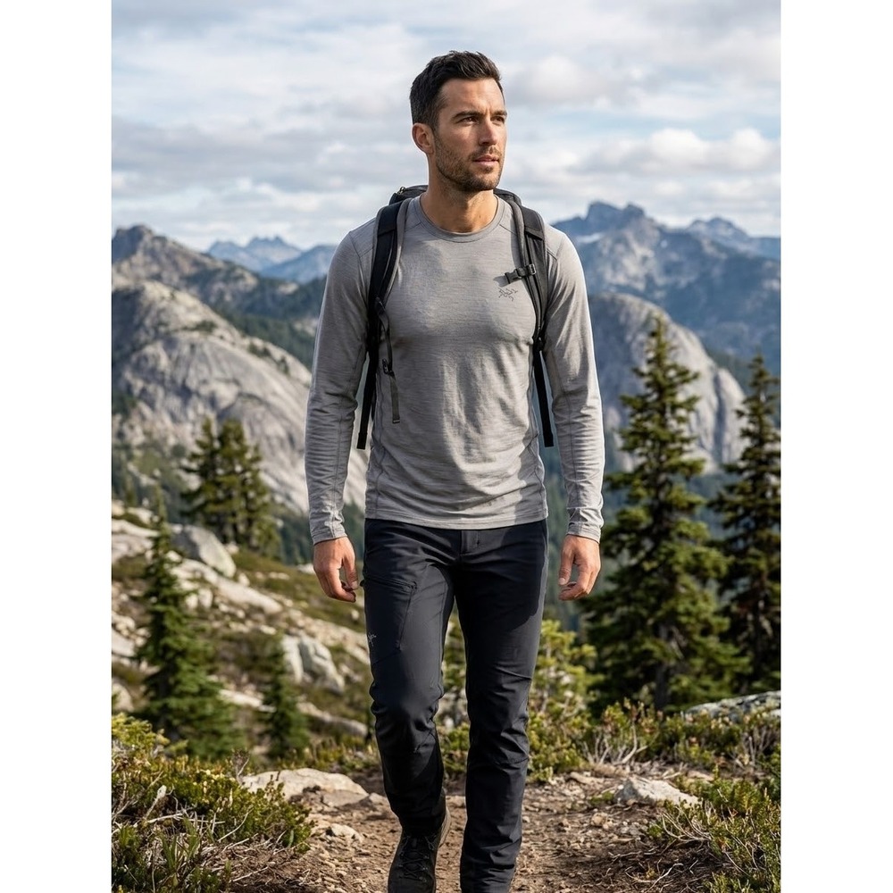 Arcteryx Ionia Merino Wool LS Logo Shirt Mens Large Grey Heather Hiking Top